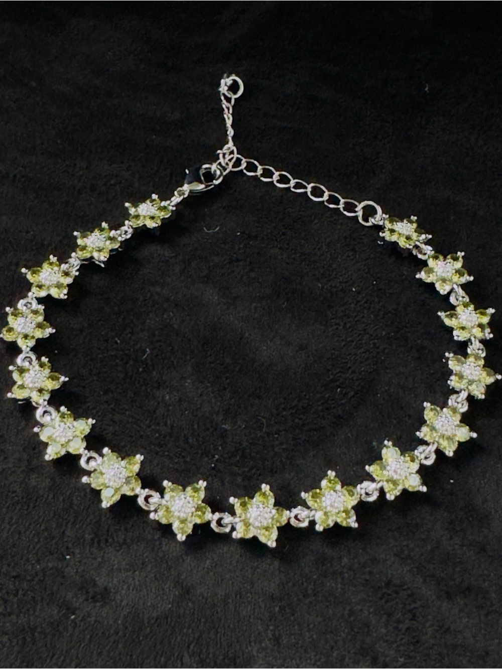 Silver Floral Chain Bracelet with Light Green Stones